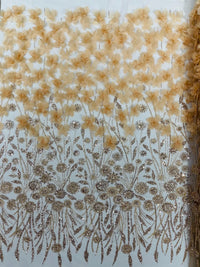 Champagne Beaded Fabric 3D Floral Butterfly Fabric by the Yard, Luxury Butterfly